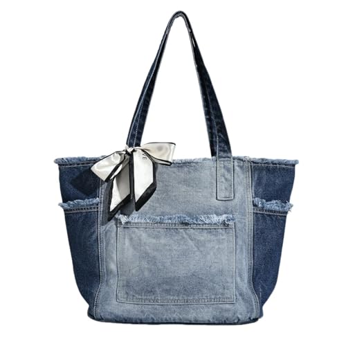 UERSJWYSO Damen Lässige Denim-Einkaufstasche Farbblock Große Kapazität Rohkante Mehrere Taschen Shopper Schulterhandtasche,Blau von UERSJWYSO