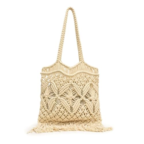 UERSJWYSO Damen Sommer Stroh Tasche Gewebte Tragetasche Schultertasche Vintage Boho Hippie Gewebte Strand Urlaubstasche mit Quaste,Beige von UERSJWYSO