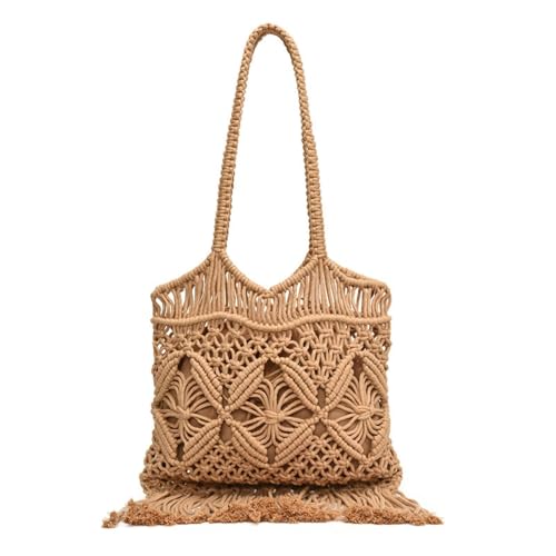 UERSJWYSO Damen Sommer Stroh Tasche Gewebte Tragetasche Schultertasche Vintage Boho Hippie Gewebte Strand Urlaubstasche mit Quaste,Khaki von UERSJWYSO