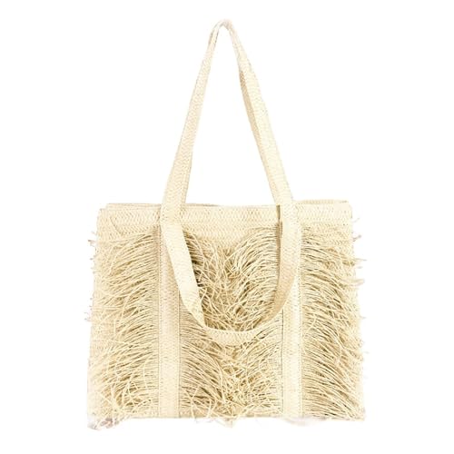 UERSJWYSO Damen Stroh Tragetaschen Quaste Strand Gewebte Schulter Handtaschen Sommer Große Geldbörsen für Reisen Urlaub,Apricot von UERSJWYSO