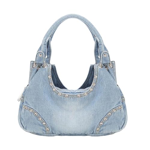 UERSJWYSO Damen Y2K Ästhetische Denim-Geldbörse Trendy Strass Hobo-Schultertaschen Washed Jean Crossbody Bags,Blau von UERSJWYSO