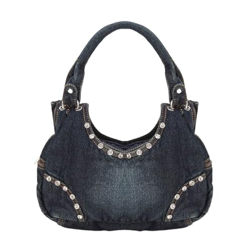 UERSJWYSO Damen Y2K Ästhetische Denim-Geldbörse Trendy Strass Hobo-Schultertaschen Washed Jean Crossbody Bags,Dark Blue von UERSJWYSO