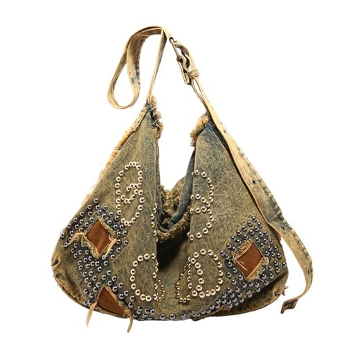 UERSJWYSO Damen Y2K Retro Denim Schultertasche Große Kapazität Tragetasche Distressed Rivet Punk Style Trendy Crossbody Bag,Retro Yellow von UERSJWYSO