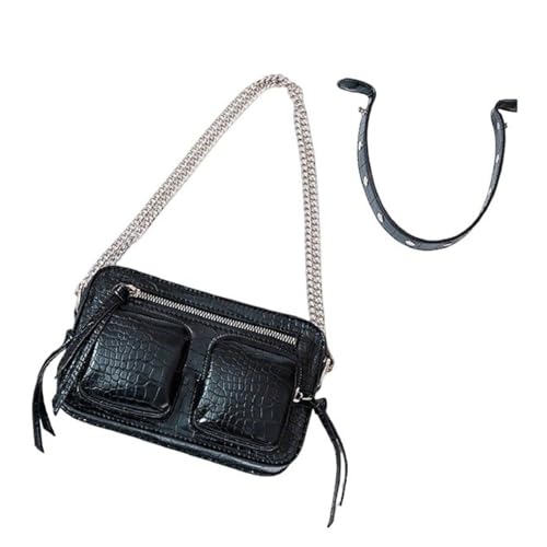 UERSJWYSO Damenmode PU-Leder Umhängetasche Handtaschen mit Abnehmbarer Kette Damen Schwarz Kleine Geldbörse Unterarmtasche,Schwarz von UERSJWYSO