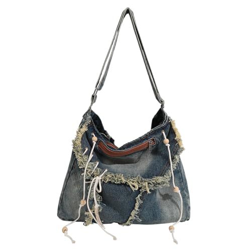 UERSJWYSO Fransen-Jeans-Umhängetaschen für Damen Trendige Hobo-Taschen Verstellbarer Riemen ästhetische Retro-Umhängetasche,Blau von UERSJWYSO