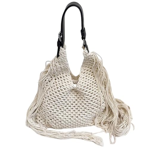 UERSJWYSO Gewebte Strandtasche Für Damen Sommer Strand Boho Tote Weiche Handtasche Umhängetasche Quaste Urlaub Casual Taschen,Beige von UERSJWYSO