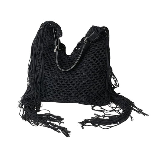 UERSJWYSO Gewebte Strandtasche Für Damen Sommer Strand Boho Tote Weiche Handtasche Umhängetasche Quaste Urlaub Casual Taschen,Schwarz von UERSJWYSO