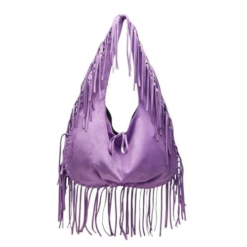 UERSJWYSO Hobo-Taschen aus Wildlederimitat mit Fransen für Damen, Vintage Cowgirl Western-Geldbörse Lange Quaste Schultertasche zum Schnüren,Lila von UERSJWYSO