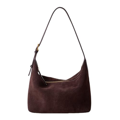 UERSJWYSO Hobo-Taschen aus echtem Leder für Damen Handtaschen aus Weichem Wildleder Reißverschluss Umhängetasche Arbeitstasche mit Verstellbarem Riemen,Kaffee von UERSJWYSO
