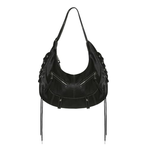 UERSJWYSO Hobo-Umhängetaschen aus Leder für Damen, Modische Schnür-Motorrad-Handtasche, Schultertasche mit Verstellbarem Riemen,Schwarz von UERSJWYSO