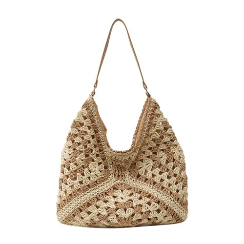 UERSJWYSO Sommerliche Strandtasche aus Stroh für Damen Gehäkelte Einkaufstasche Gewebte Schultertasche für Urlaubsreisen,Khaki von UERSJWYSO