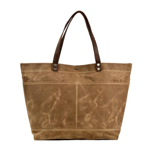 UERSJWYSO Tragetasche aus Geöltem Canvas für Damen und Herren, Wasserabweisende Umhängetasche aus Vintage-Leder mit Taschen,Khaki von UERSJWYSO