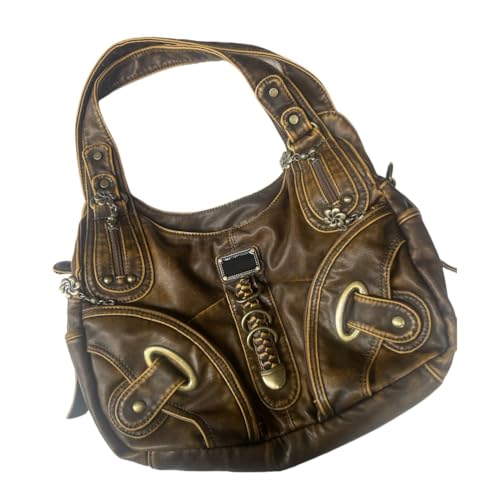 UERSJWYSO Vintage Y2K Große Hobo-Umhängetasche für Damen Gewaschenes Kunstleder Distressed-Satchel-Tragetasche mit Reißverschluss,Braun von UERSJWYSO