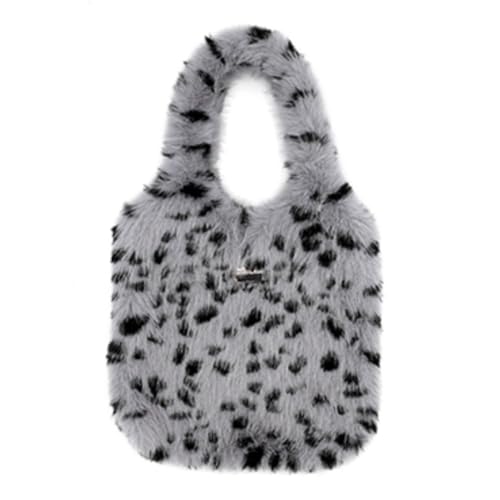 UERSJWYSO Weiche Umhängetasche aus Kunstfell für Damen Trendiger Tierdruck Y2K Flauschige Tragetasche Großes Fassungsvermögen Geparden-Handtasche,Grau von UERSJWYSO