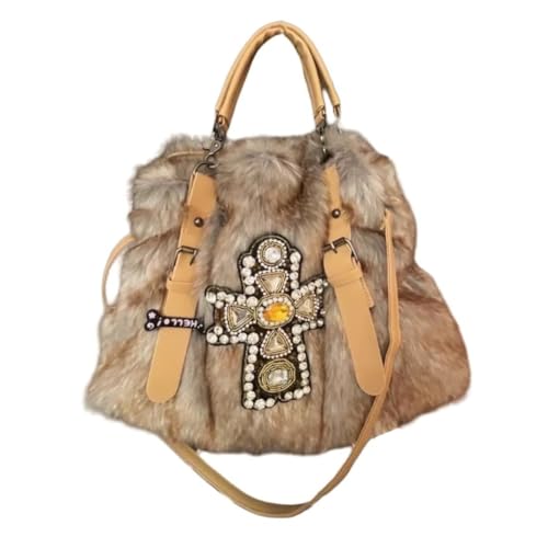 UERSJWYSO Y2K-Einkaufstasche für Damen Pelzig Glitzernd mit Strasssteinen Plüsch-Geldbörsen Schultertasche Umhängetasche mit Tragegriff Oben,Camel von UERSJWYSO
