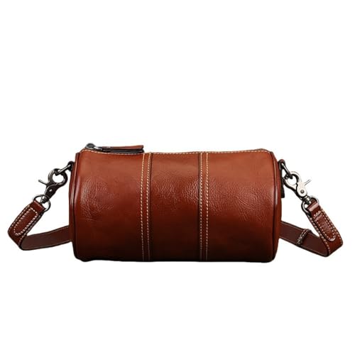 UERSJWYSO Zylinderförmige Umhängetasche aus echtem Rindsleder im Vintage-Stil für Damen mit Reißverschluss Fass-Geldbörse Umhängetasche mit Verstellbarem Riemen,Braun von UERSJWYSO