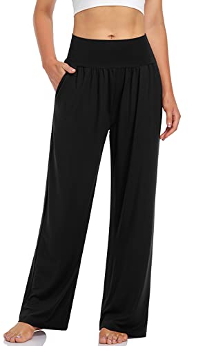 UEU Damen Casual Lose Weite Bein Gemütliche Hose Yoga Sweatpants Bequeme Hohe Taille Sport Athletic Lounge Hose mit Taschen, 1-schwarz, S von UEU