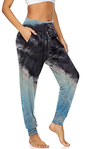 UEU Gemütliche Yoga-Jogginghose für Damen, lockere Workout-Sweathose, bequeme Loungehose mit Taschen, Krawatte, schwarz-blau, M von UEU