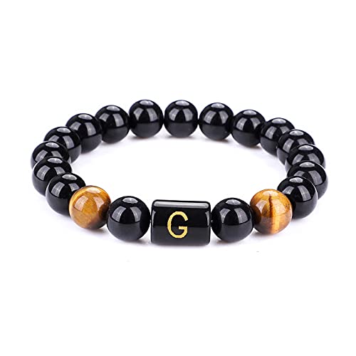 UEUC Initialen Armbänder für Männer & Frauen, 26 Letter Link Black Onyx Tiger Eye 10mm Steinperlen Armband, Glückssegen Perlen Verstellbares Armband(Gelber Tiger G) von UEUC