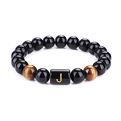 UEUC Initialen Armbänder für Männer & Frauen, 26 Letter Link Black Onyx Tiger Eye 10mm Steinperlen Armband, Glückssegen Perlen Verstellbares Armband(Gelber Tiger J) von UEUC