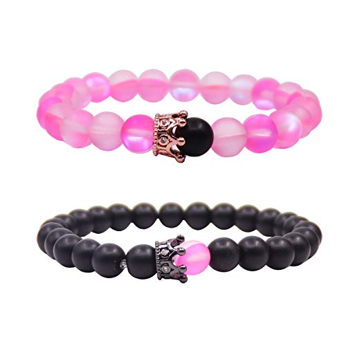 UEUC Paar Distanz Armbänder mit CZ Crown King & Queen Seine Freundschaft Schwarz Matt Achat Stein 8mm von UEUC