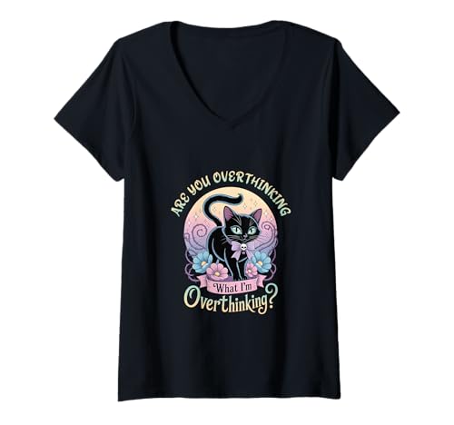 Damen Überdenkst du, was ich überdenke? Katzenbesitzer T-Shirt mit V-Ausschnitt von Überdenkende schwarze Katze Lustige Katzenliebhabe