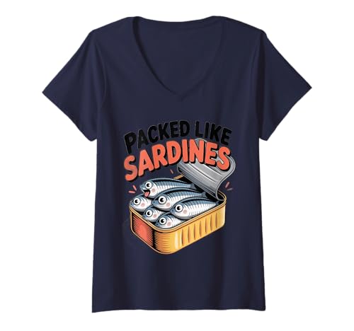 Damen Wie Sardinen in der Dose Verpackt Lustiger Fisch Dosenfisch T-Shirt mit V-Ausschnitt Damen Wie Sardinen in der Dose Verpackt Lustiger Fisch Dosenfisch T-Shirt mit V-Ausschnitt von Überfüllter Raum voller Humor Cartoon-Atmosphäre G