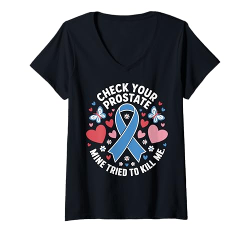 Damen Check Your Prostate Mine Tried To Kill Me T-Shirt mit V-Ausschnitt Damen Check Your Prostate Mine Tried To Kill Me T-Shirt mit V-Ausschnitt von Überlebender Von Prostatakrebs Prostata check