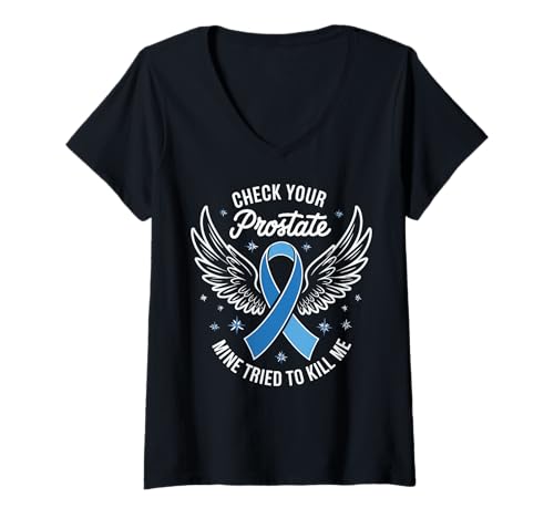 Damen Check Your Prostate Mine Tried To Kill Me T-Shirt mit V-Ausschnitt Damen Check Your Prostate Mine Tried To Kill Me T-Shirt mit V-Ausschnitt von Überlebender Von Prostatakrebs Prostata check