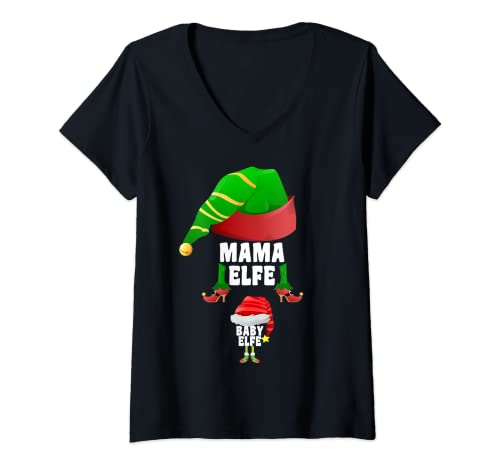 Damen Baby & Mama Elfe Schwangerschaft Verkünden Weihnachten Papa T-Shirt mit V-Ausschnitt von Überraschung Geschenkideen Schwanger Kleidung 2021