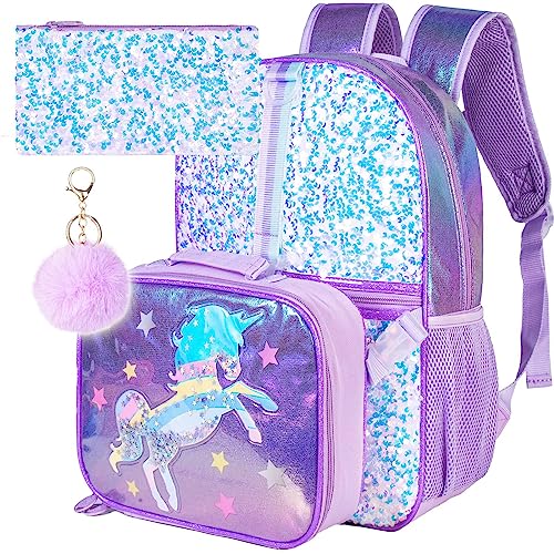 UFNDC 3 x Einhorn-Rucksack, 40,6 cm, Kinder-Pailletten-Büchertasche für Mädchen mit Lunchbox, Schultasche für Grundleute und Kleinkinder von UFNDC