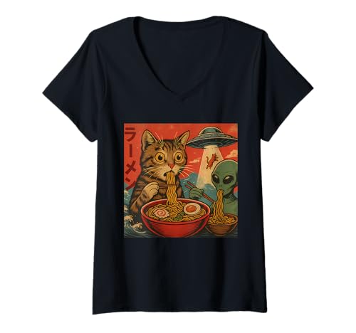Damen Alien and Cat Ramen Bowl - Funny UFO Japanese Noodle Design T-Shirt mit V-Ausschnitt von UFO Abduction with Ramen Cat