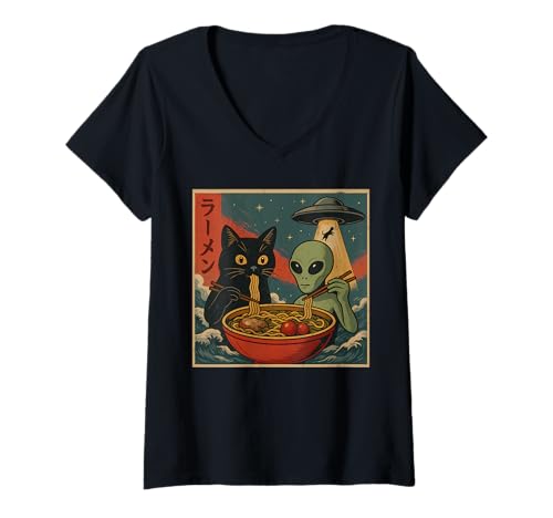 Damen Alien and Cat Ramen Bowl - Funny UFO Japanese Noodle Design T-Shirt mit V-Ausschnitt von UFO Abduction with Ramen Cat