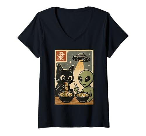 Damen Alien and Cat Ramen Bowl - Funny UFO Japanese Noodle Design T-Shirt mit V-Ausschnitt von UFO Abduction with Ramen Cat