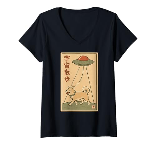 Damen Retro Japanisches UFO Hund Entführung Sci-Fi Design T-Shirt mit V-Ausschnitt Damen Retro Japanisches UFO Hund Entführung Sci-Fi Design T-Shirt mit V-Ausschnitt von UFO Dog Abduction Retro Japanese Apparel