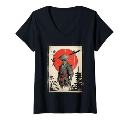 Damen Lustiges Anime-Motiv „Alien Ukiyo-e“ im Retro-Look, Samurai, Japan T-Shirt mit V-Ausschnitt von UFO Samurai Japan Bushido Apparel