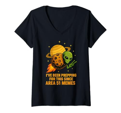 Damen Alien auf interstellarem Asteroiden für UFO- und Area 51-Memes-Liebhaber T-Shirt mit V-Ausschnitt von UFO & Alien Hunters Funny Saying T-Shirts & Gifts