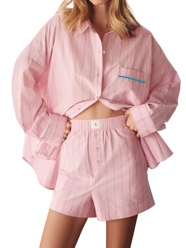 UFinetech Damen Schlafanzug Set – Leichter Zweiteiler mit Langarmshirt und Shorts, gestreifter Sommer Pyjama als Loungewear für Reise und Zuhause von UFinetech