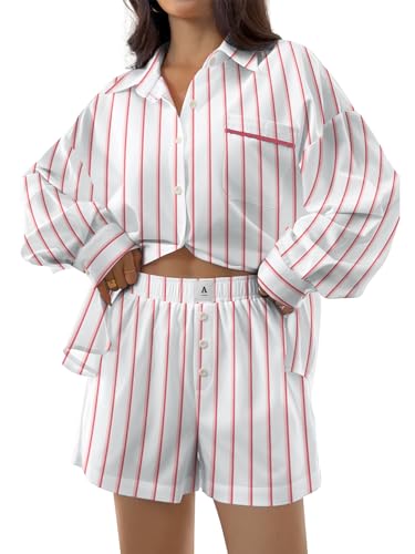 UFinetech Damen Schlafanzug Set – Leichter Zweiteiler mit Langarmshirt und Shorts, gestreifter Sommer Pyjama als Loungewear für Reise und Zuhause von UFinetech