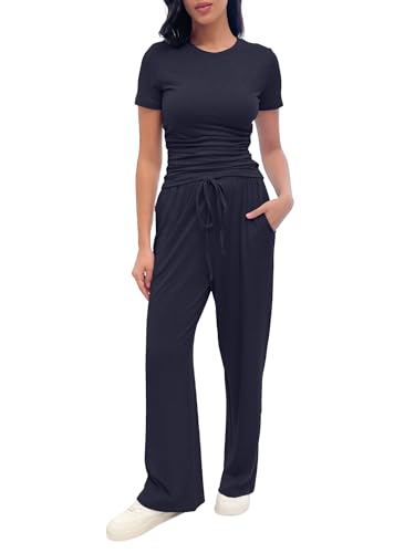 UFinetech Hausanzug Damen Zweiteiler – Loungewear Set mit Kurzarmshirt & elastischer Hose mit Taschen – bequemes Homewear Outfit für Alltag, Freizeit, Urlaub & Reise von UFinetech