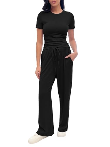 UFinetech Hausanzug Damen Zweiteiler – Loungewear Set mit Kurzarmshirt & elastischer Hose mit Taschen – bequemes Homewear Outfit für Alltag, Freizeit, Urlaub & Reise von UFinetech