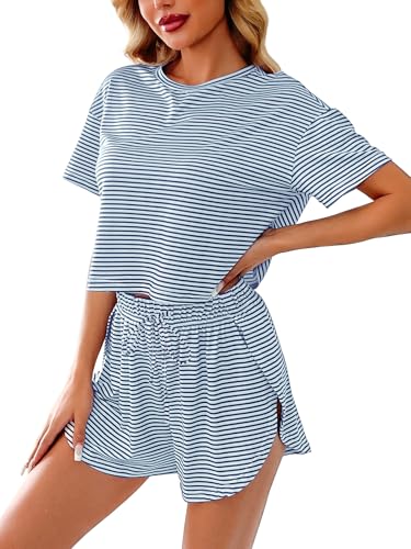 UFinetech Pyjama Damen Kurzarm Set – Weich & atmungsaktiv, mit Kordelzug, Shorts mit Seitenschlitz, gestreifte Loungewear für Zuhause von UFinetech