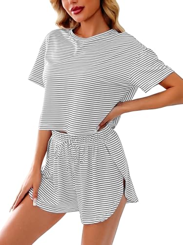 UFinetech Pyjama Damen Kurzarm Set – Weich & atmungsaktiv, mit Kordelzug, Shorts mit Seitenschlitz, gestreifte Loungewear für Zuhause von UFinetech