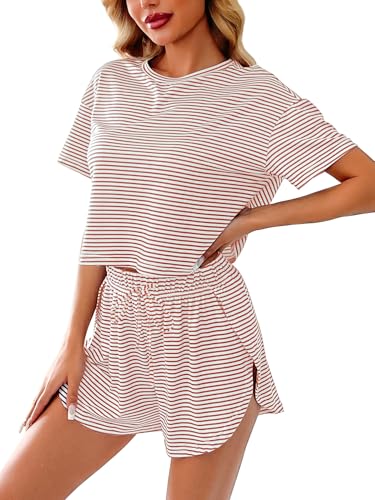 UFinetech Pyjama Damen Kurzarm Set – Weich & atmungsaktiv, mit Kordelzug, Shorts mit Seitenschlitz, gestreifte Loungewear für Zuhause von UFinetech