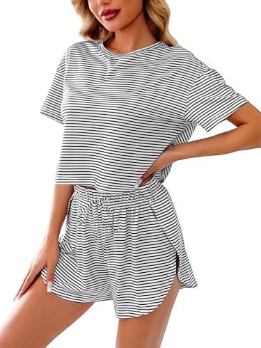 UFinetech Pyjama Damen Kurzarm Set – Weich & atmungsaktiv, mit Kordelzug, Shorts mit Seitenschlitz, gestreifte Loungewear für Zuhause von UFinetech