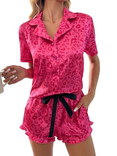 UFinetech Satin Pyjama Set Damen – Kurzarm Schlafanzug mit Knopfleiste und Rüschen-Shorts – Weiches Sommer Nachtwäsche Set mit Taschen – Leichte Loungewear für Zuhause von UFinetech