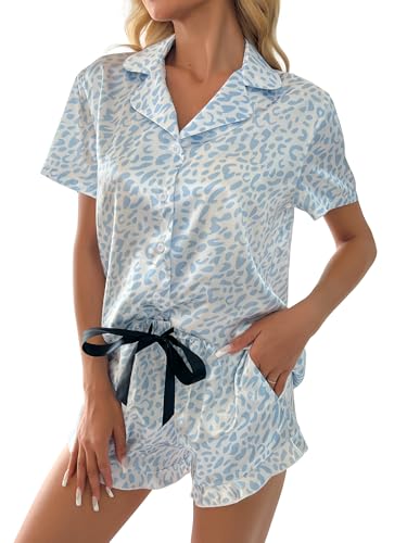 UFinetech Satin Pyjama Set Damen – Kurzarm Schlafanzug mit Knopfleiste und Rüschen-Shorts – Weiches Sommer Nachtwäsche Set mit Taschen – Leichte Loungewear für Zuhause von UFinetech