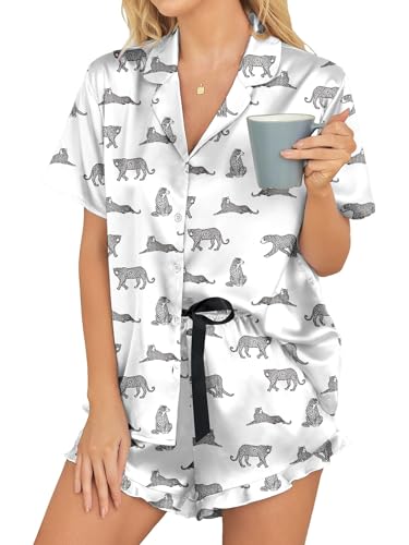 UFinetech Satin Pyjama Set Damen – Kurzarm Schlafanzug mit Knopfleiste und Rüschen-Shorts – Weiches Sommer Nachtwäsche Set mit Taschen – Leichte Loungewear für Zuhause von UFinetech