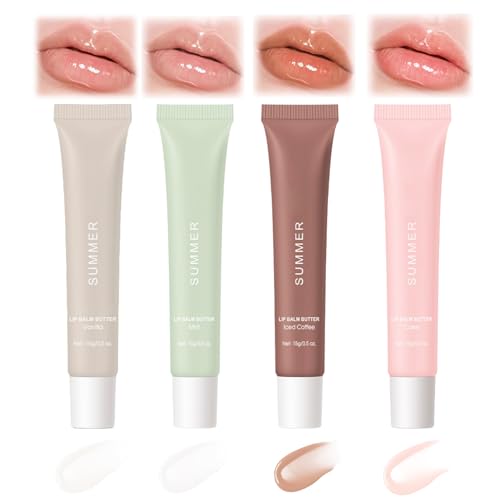 4 Stück Summer Lip Balm - Lippenbalsam Teenager Mädchen Geschenke - Lippenmaske Feuchtigkeitsspendend & Lippenfältchen Reduzieren - Lipgloss Set - Lippenpflege mit Farbe - Minze,Vanille,Kaffee&Kuchen von UFkeanlo
