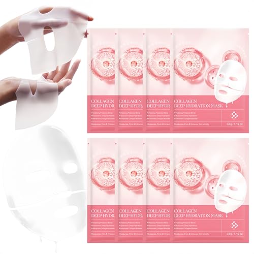 Collagen Maske Overnight - Kollagen Maske - Gesichtsmaske Frauen - Anti-Falten Lifting Overnight maske Gesicht - Feuchtigkeitsspendend Bio Collagen Face Mask - Tuchmasken Gesicht（8 Stück） von UFkeanlo